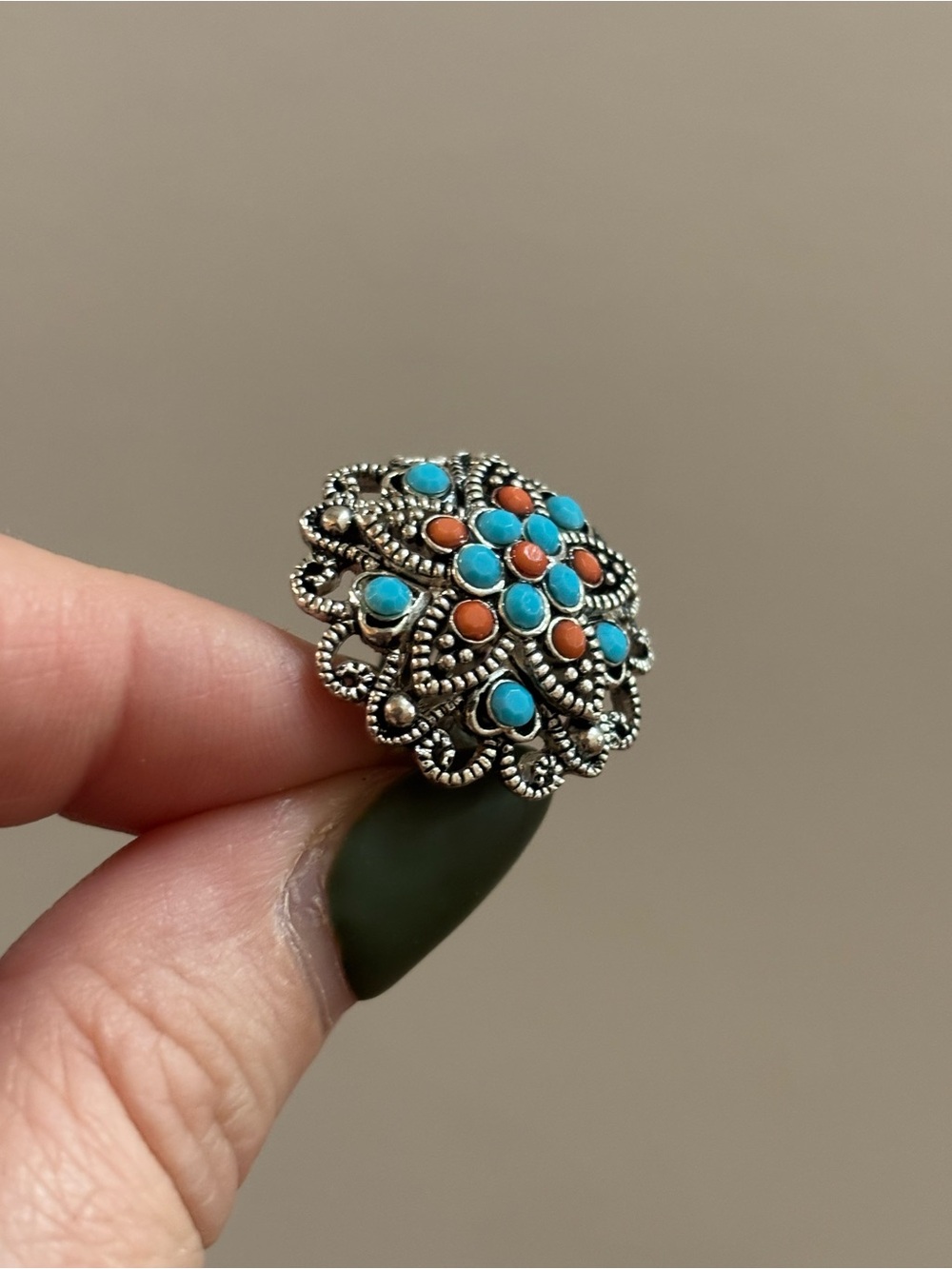 Ornate Silver Tone Cluster Gemstone Statement Ring